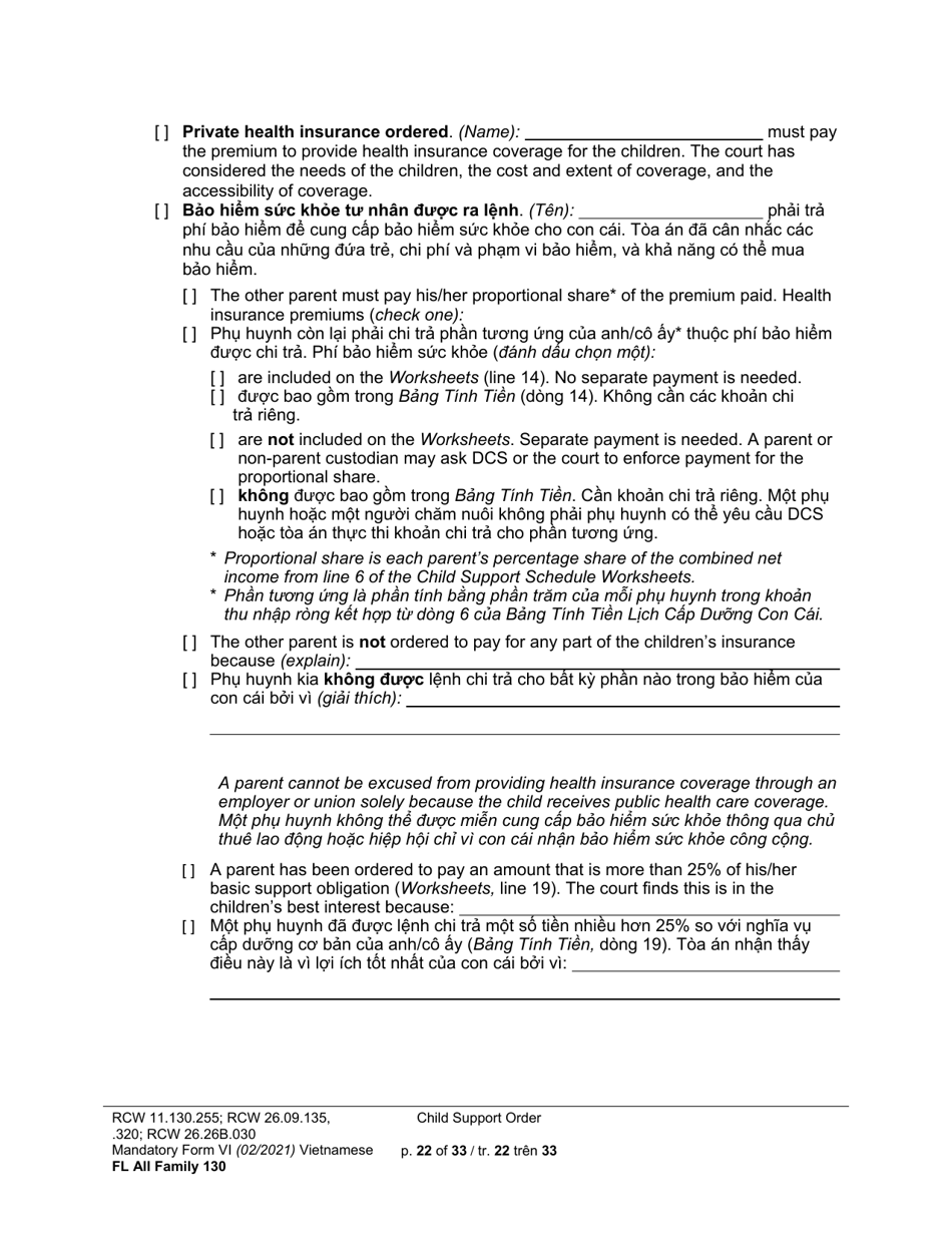 Form FL All Family130 Child Support Order - Washington (English / Vietnamese), Page 22