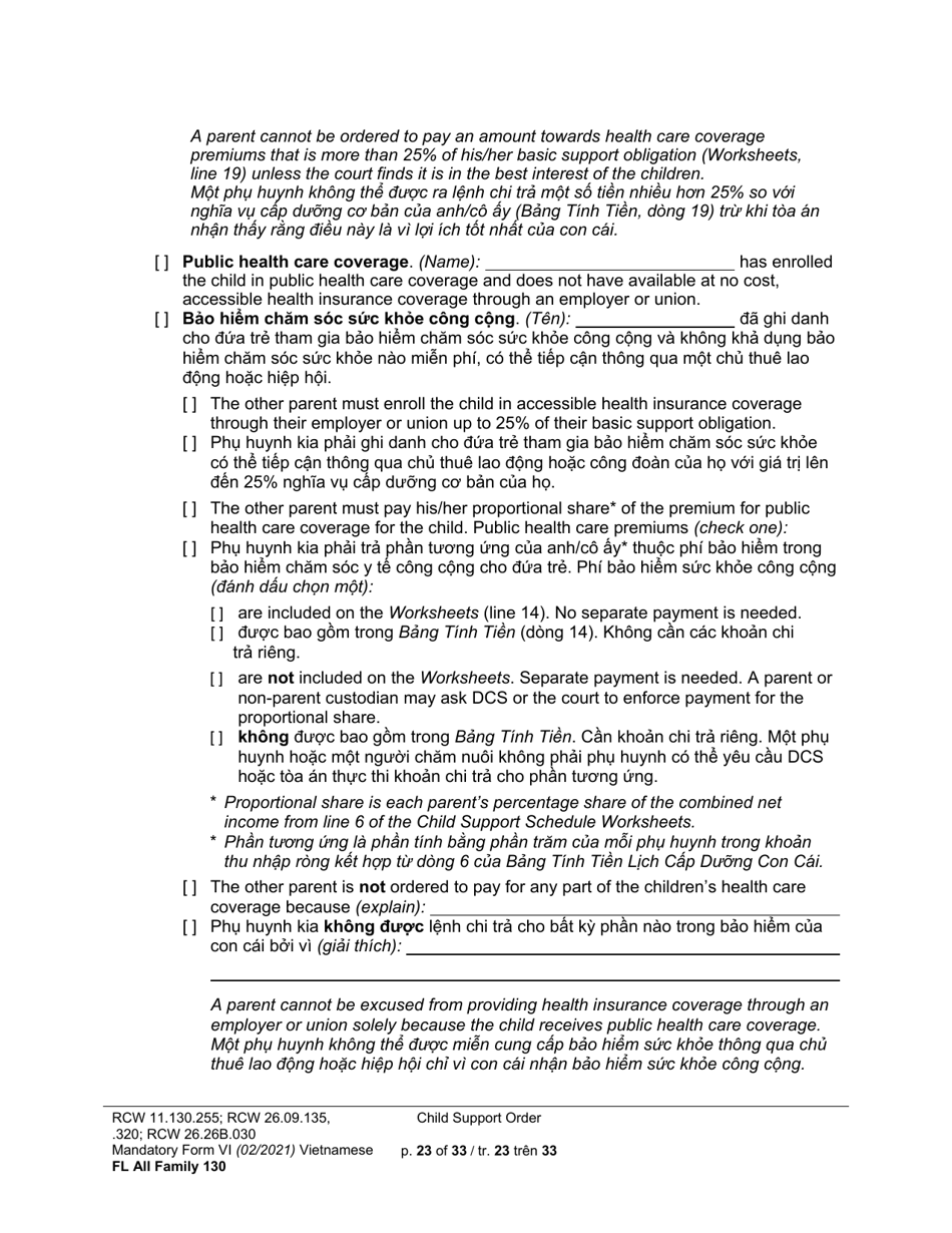 Form FL All Family130 Child Support Order - Washington (English / Vietnamese), Page 23