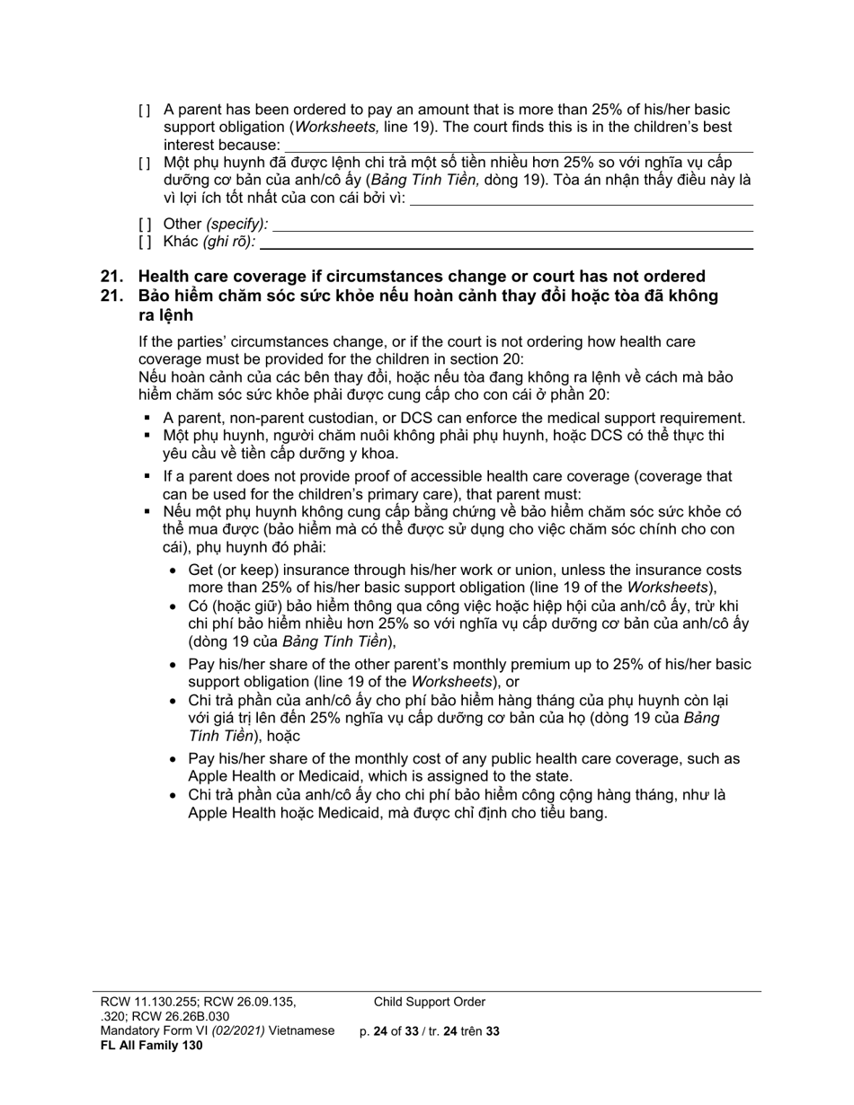 Form FL All Family130 Child Support Order - Washington (English / Vietnamese), Page 24