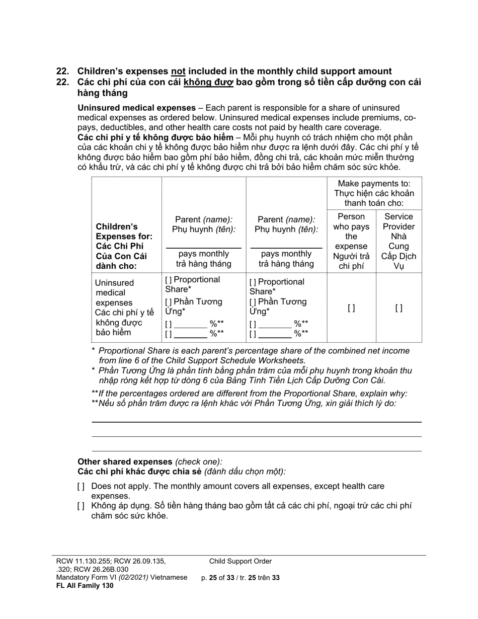 Form FL All Family130 Child Support Order - Washington (English / Vietnamese), Page 25