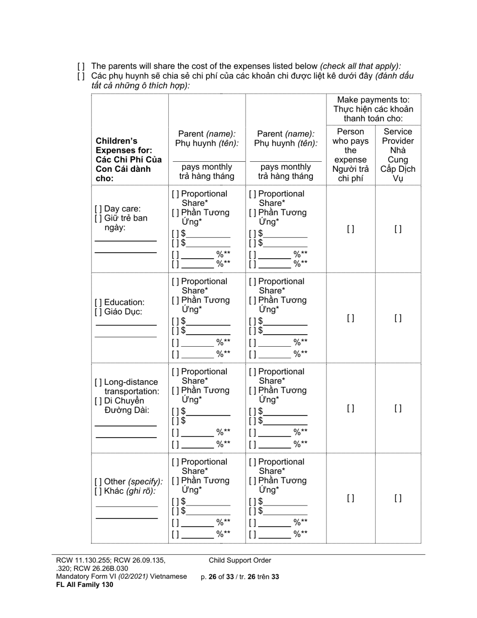 Form FL All Family130 Child Support Order - Washington (English / Vietnamese), Page 26