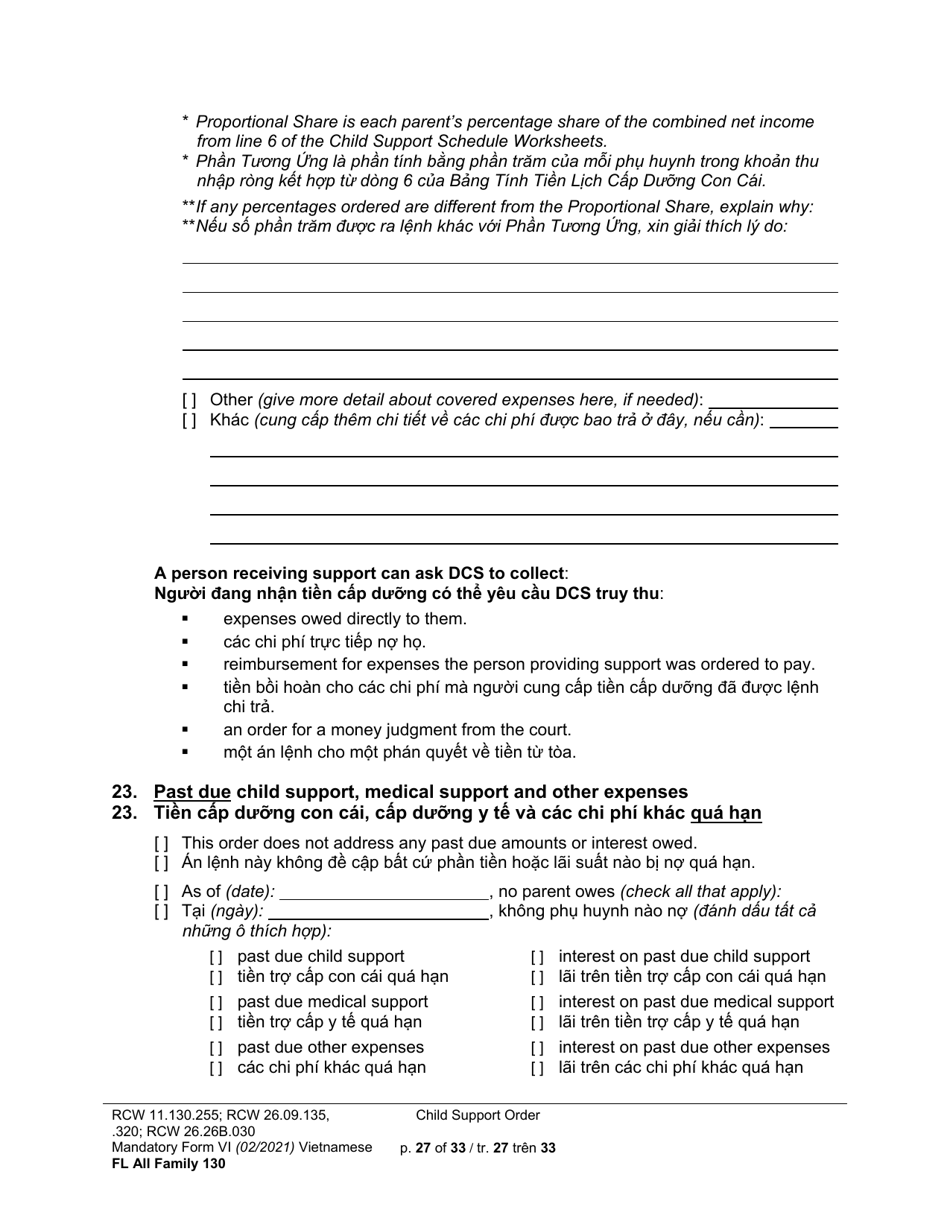 Form FL All Family130 Child Support Order - Washington (English / Vietnamese), Page 27