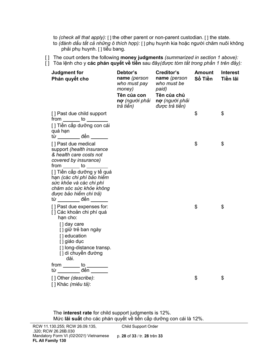 Form FL All Family130 Child Support Order - Washington (English / Vietnamese), Page 28