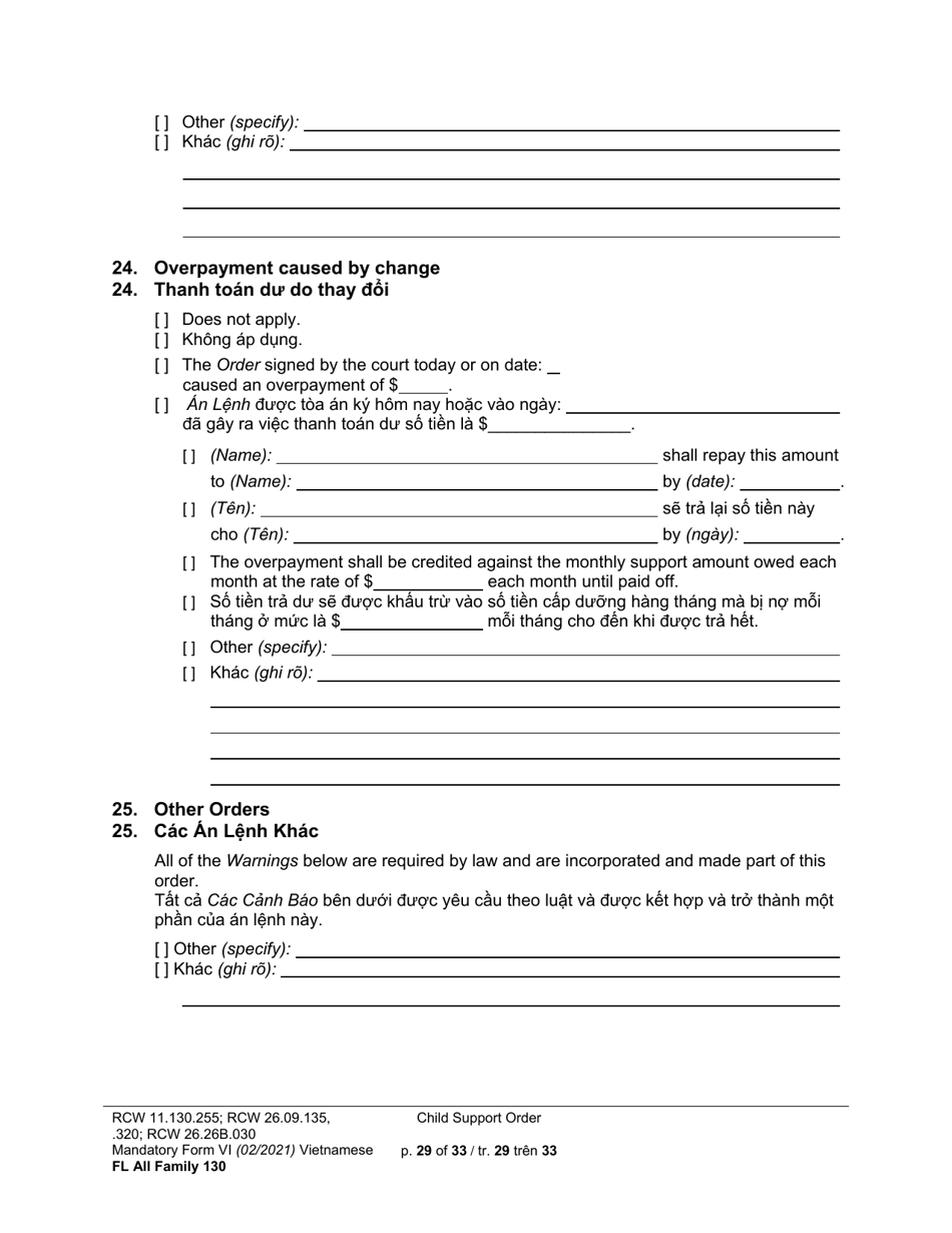 Form FL All Family130 Child Support Order - Washington (English / Vietnamese), Page 29