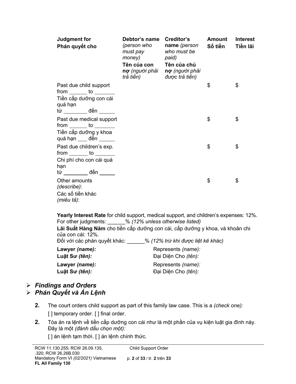 Form FL All Family130 Child Support Order - Washington (English / Vietnamese), Page 2