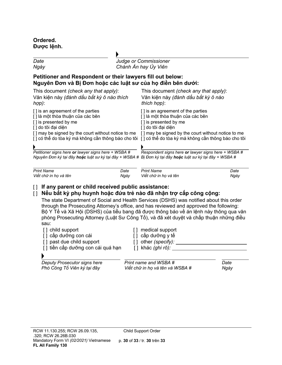 Form FL All Family130 Child Support Order - Washington (English / Vietnamese), Page 30