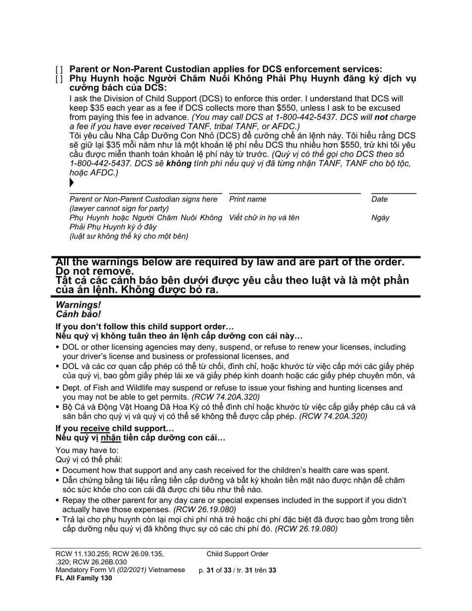 Form FL All Family130 Child Support Order - Washington (English / Vietnamese), Page 31