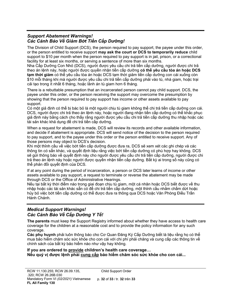 Form FL All Family130 Child Support Order - Washington (English / Vietnamese), Page 32