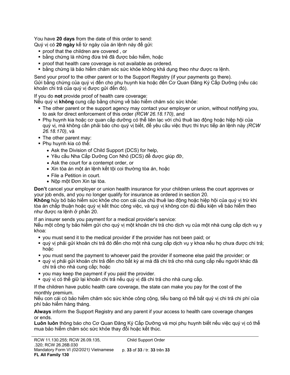 Form FL All Family130 Child Support Order - Washington (English / Vietnamese), Page 33