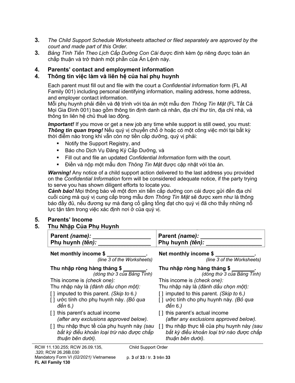 Form FL All Family130 Child Support Order - Washington (English / Vietnamese), Page 3