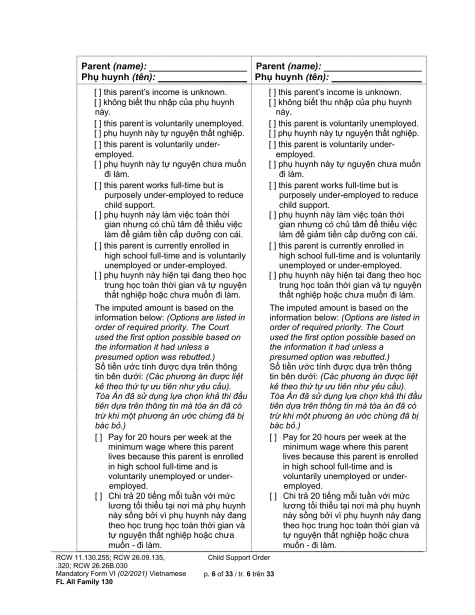 Form FL All Family130 Child Support Order - Washington (English / Vietnamese), Page 6