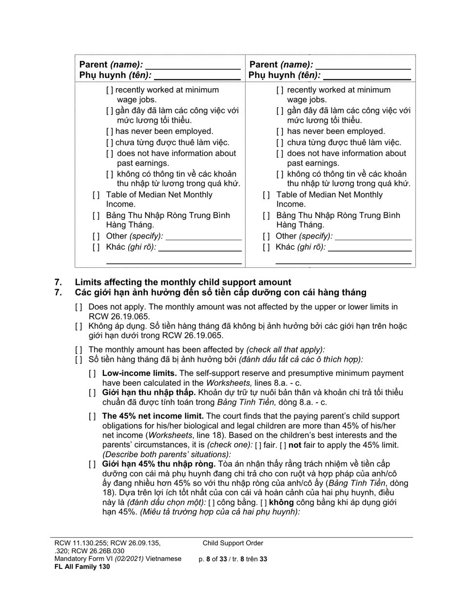 Form FL All Family130 Child Support Order - Washington (English / Vietnamese), Page 8
