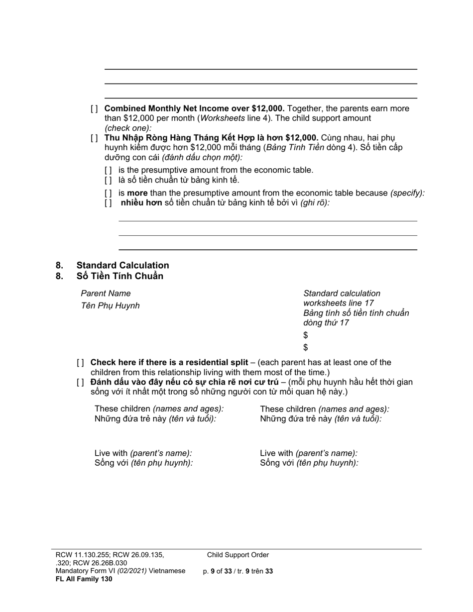 Form FL All Family130 Child Support Order - Washington (English / Vietnamese), Page 9