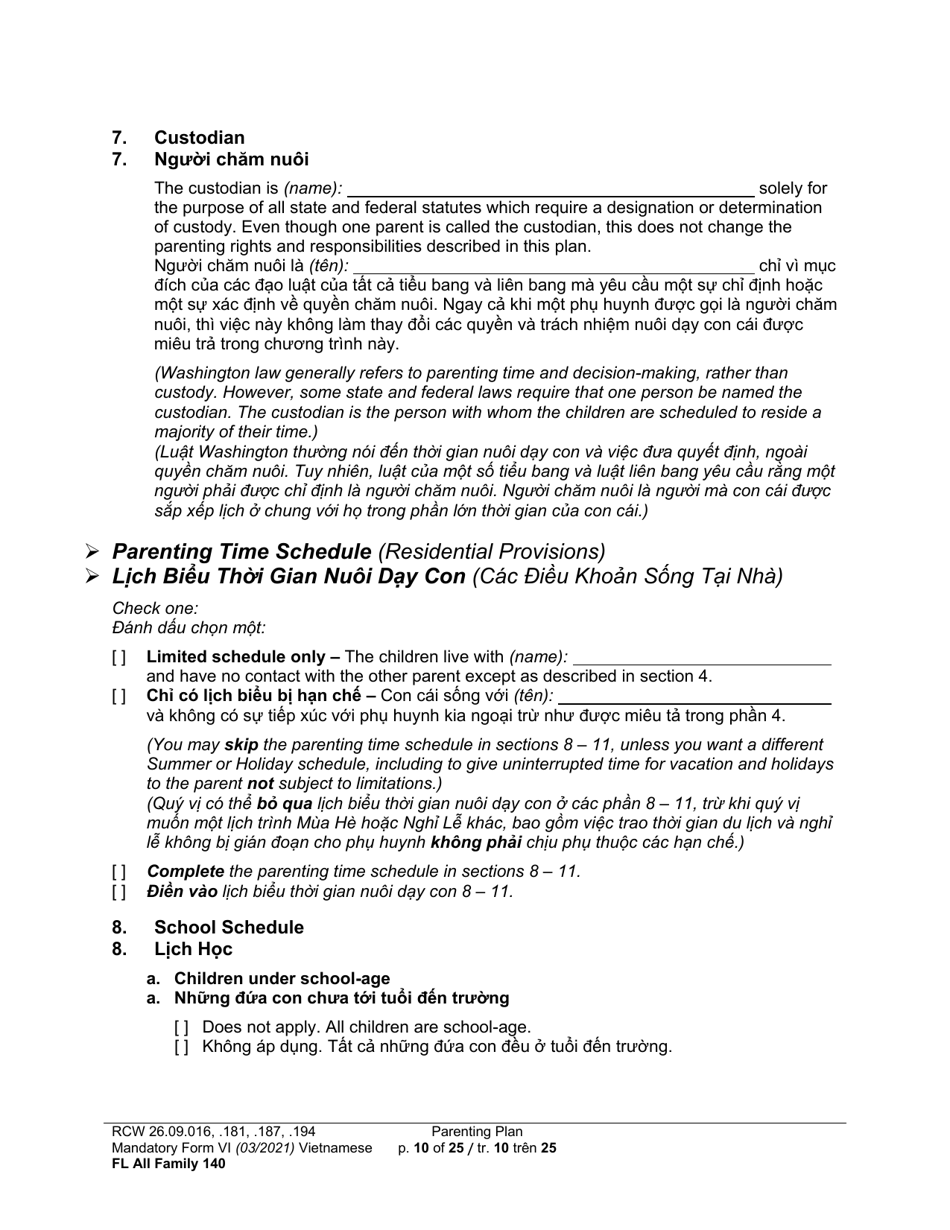 Form FL All Family140 Parenting Plan - Washington (English / Vietnamese), Page 10