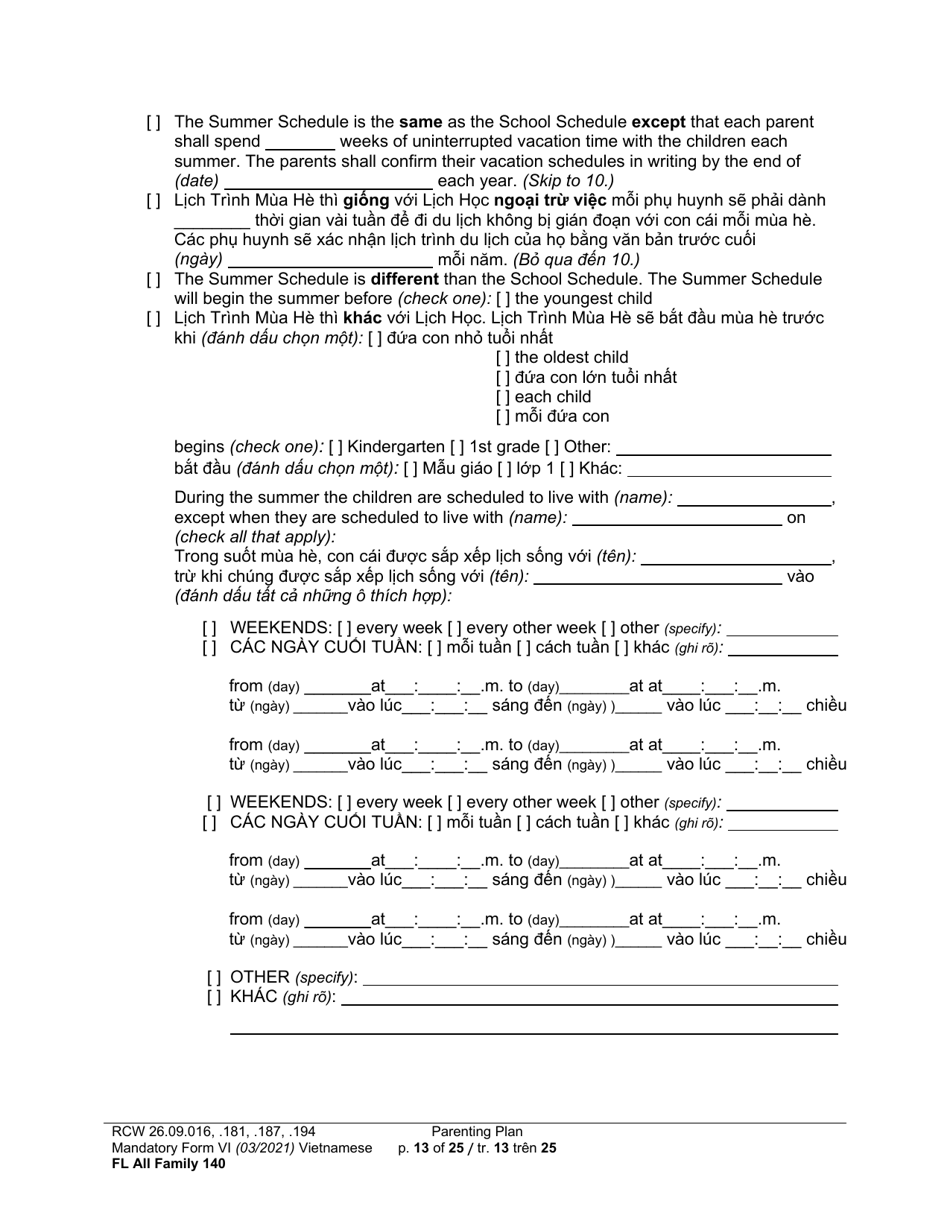 Form FL All Family140 Parenting Plan - Washington (English / Vietnamese), Page 13