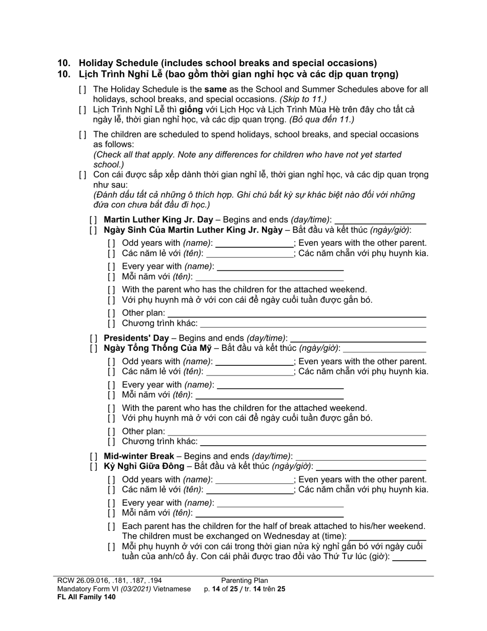 Form FL All Family140 Parenting Plan - Washington (English / Vietnamese), Page 14