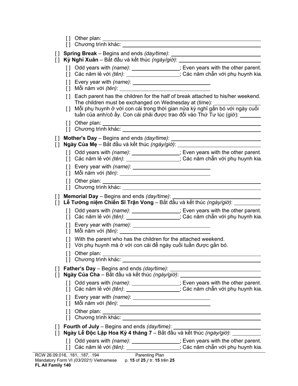 Form FL All Family140 Parenting Plan - Washington (English / Vietnamese), Page 15