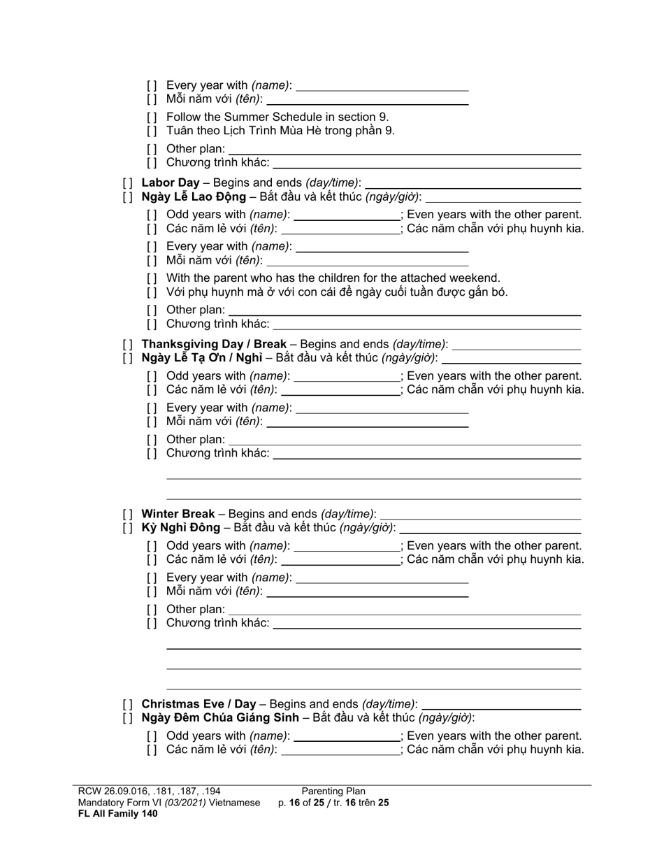 Form FL All Family140 Parenting Plan - Washington (English / Vietnamese), Page 16