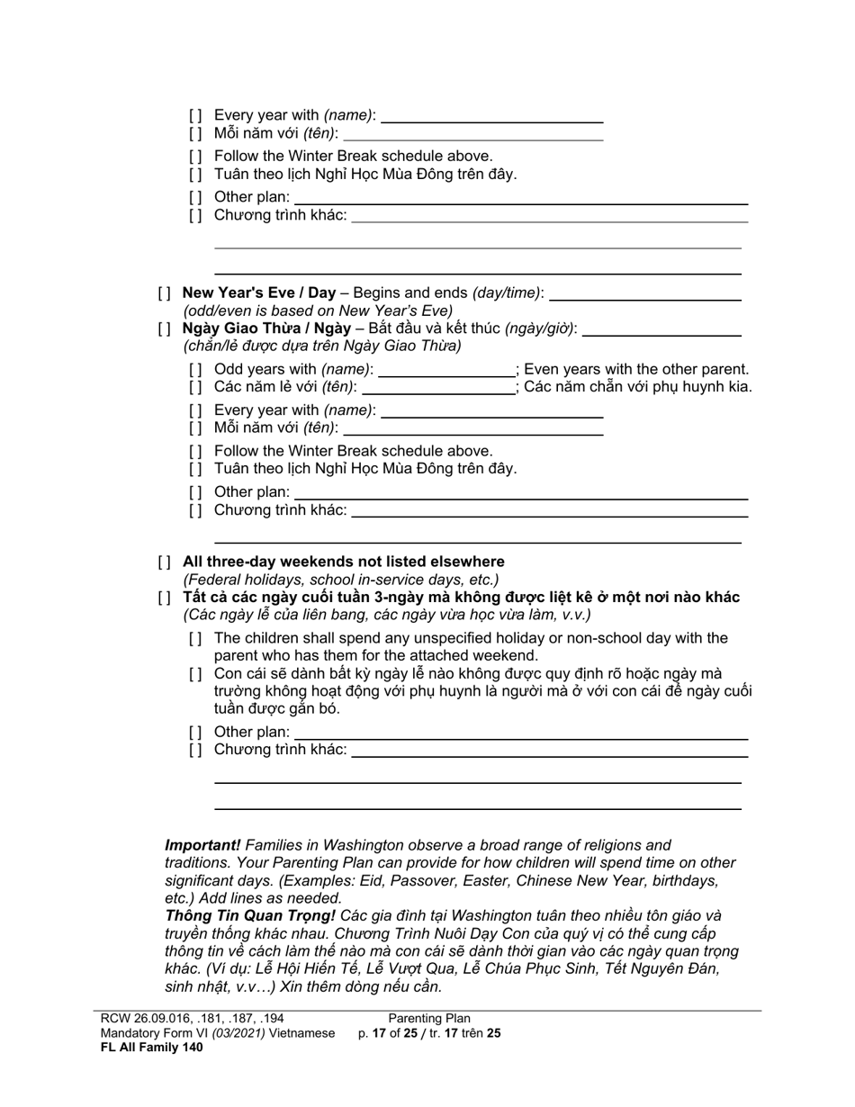 Form FL All Family140 Parenting Plan - Washington (English / Vietnamese), Page 17