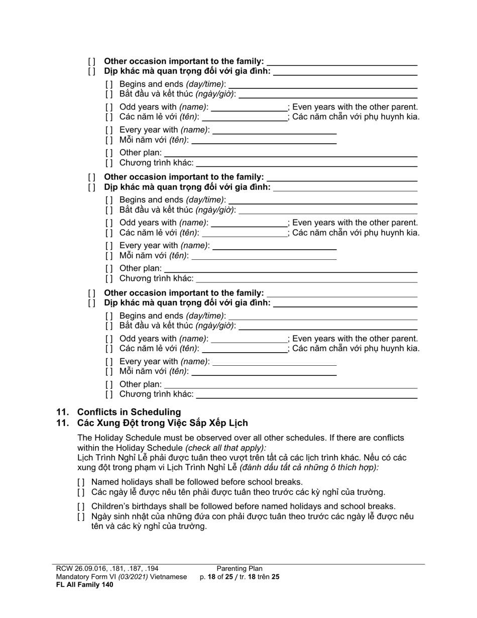 Form FL All Family140 Parenting Plan - Washington (English / Vietnamese), Page 18