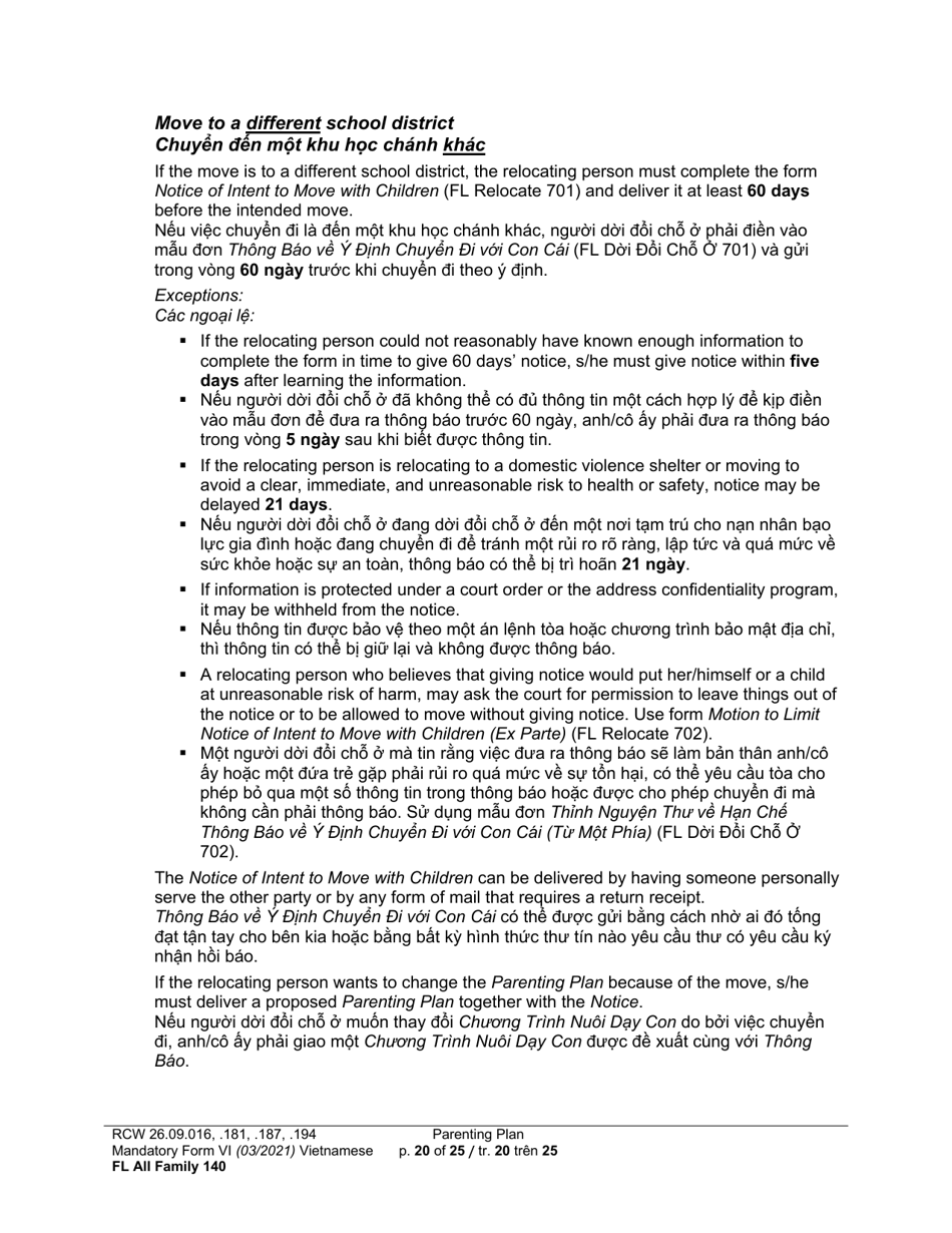 Form FL All Family140 Parenting Plan - Washington (English / Vietnamese), Page 20