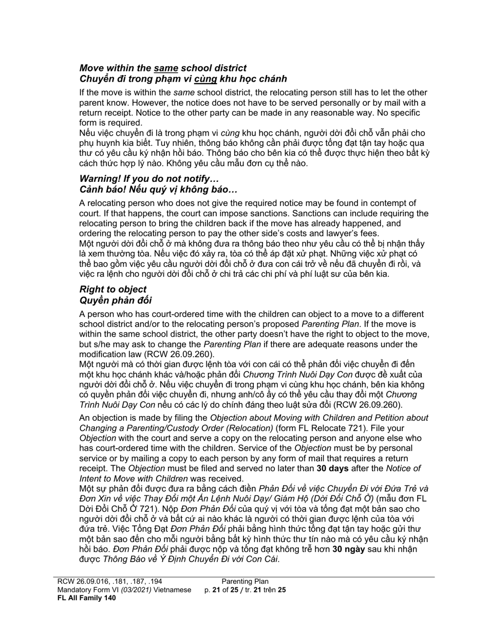 Form FL All Family140 Parenting Plan - Washington (English / Vietnamese), Page 21