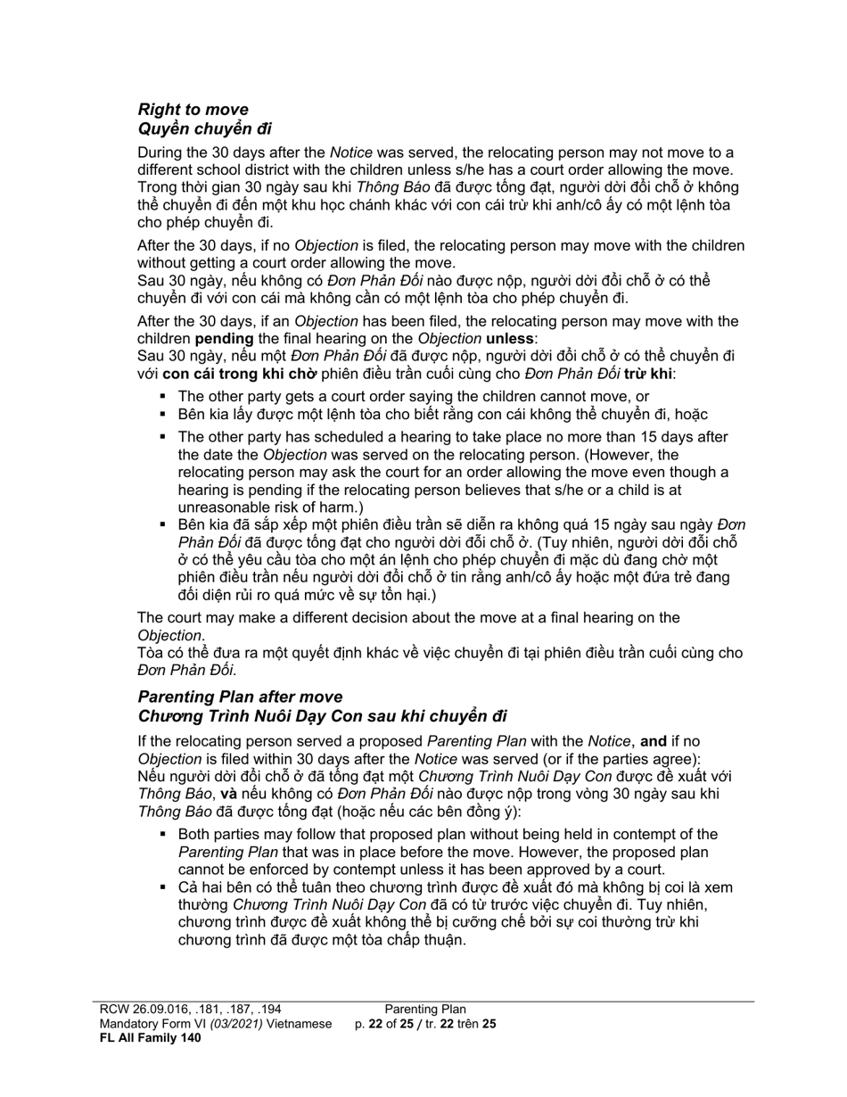 Form FL All Family140 Parenting Plan - Washington (English / Vietnamese), Page 22