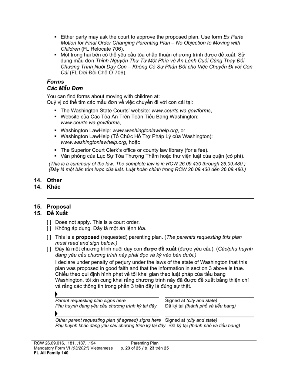 Form FL All Family140 Parenting Plan - Washington (English / Vietnamese), Page 23