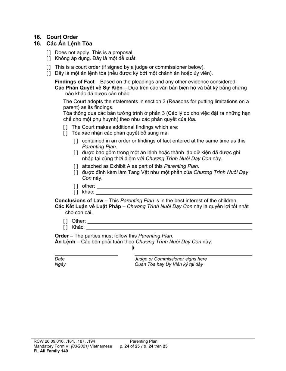 Form FL All Family140 Parenting Plan - Washington (English / Vietnamese), Page 24