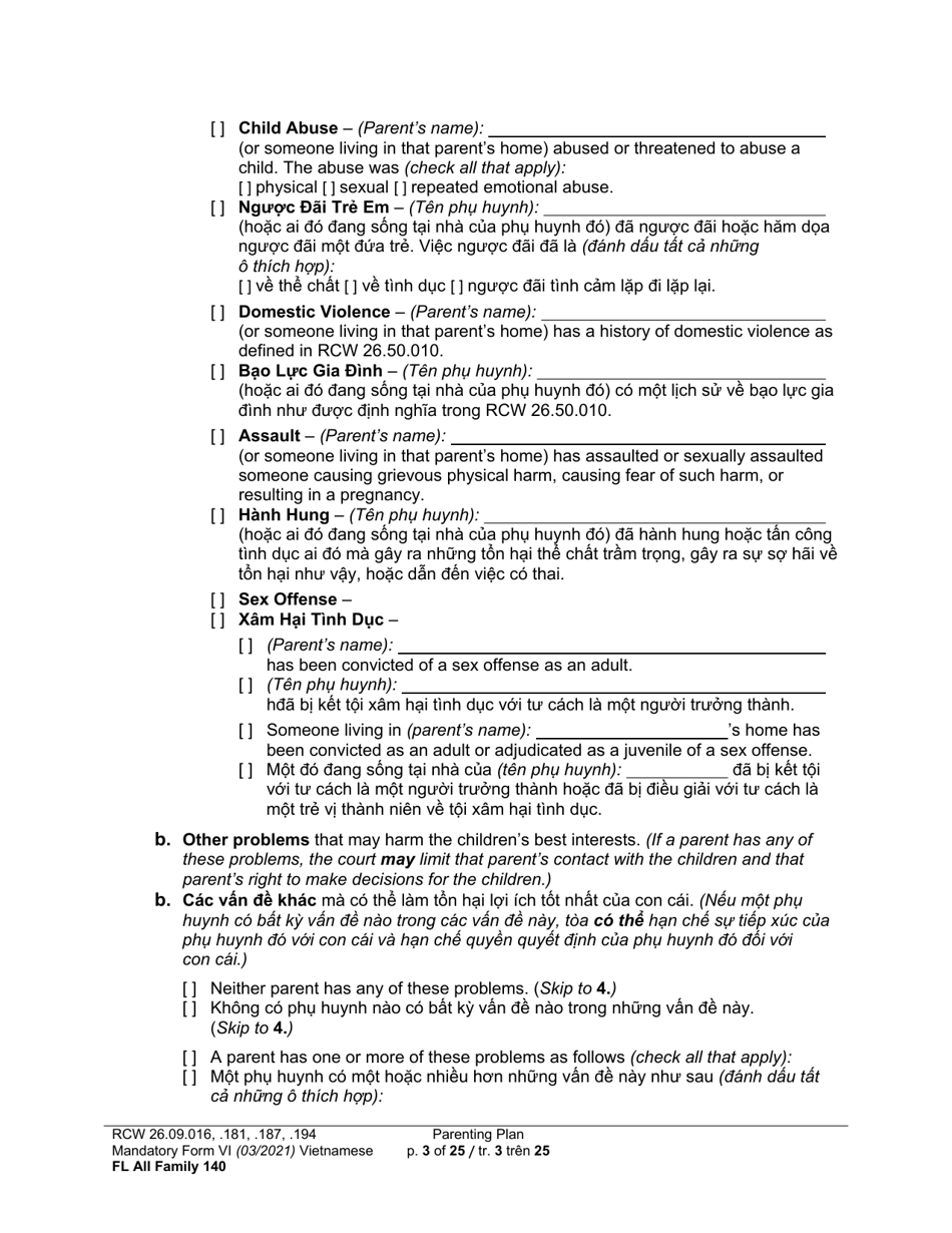 Form FL All Family140 Parenting Plan - Washington (English / Vietnamese), Page 3
