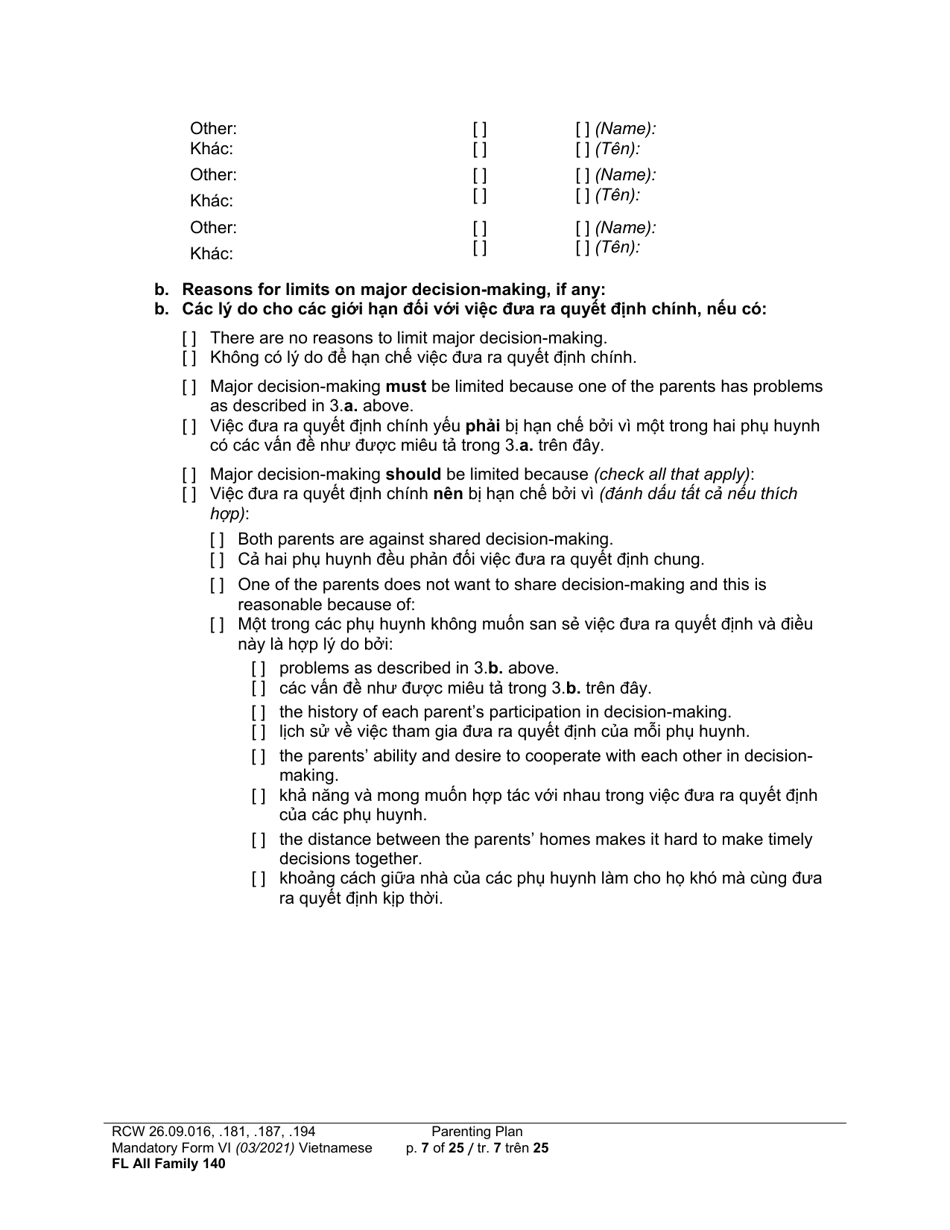 Form FL All Family140 Parenting Plan - Washington (English / Vietnamese), Page 7