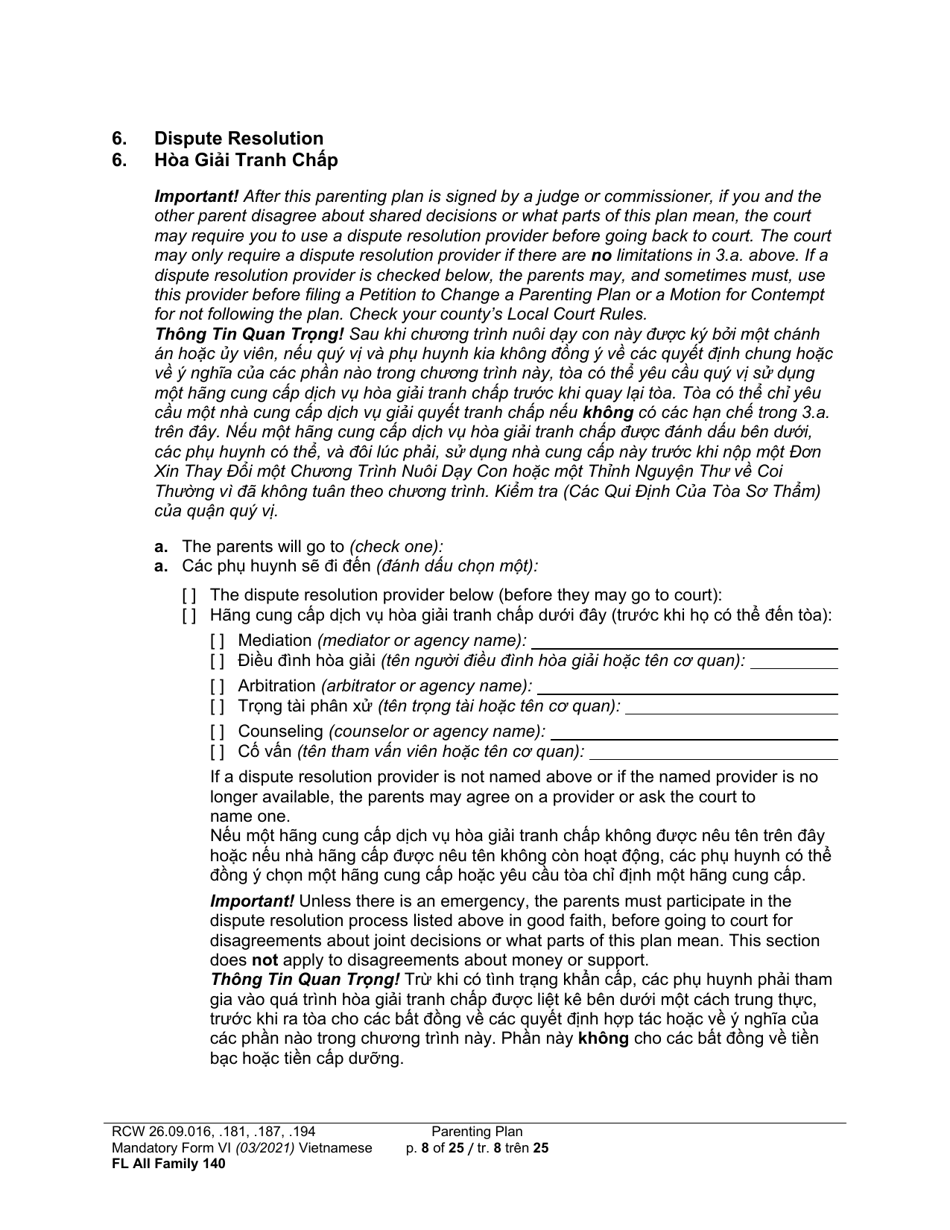 Form FL All Family140 Parenting Plan - Washington (English / Vietnamese), Page 8