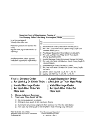 Document preview: Form FL Divorce241 Final Divorce Order (Dissolution Decree)/Legal Separation Order (Decree)/Invalid Marriage Order (Annulment Decree)/Valid Marriage Order (Decree) - Washington (English/Vietnamese)