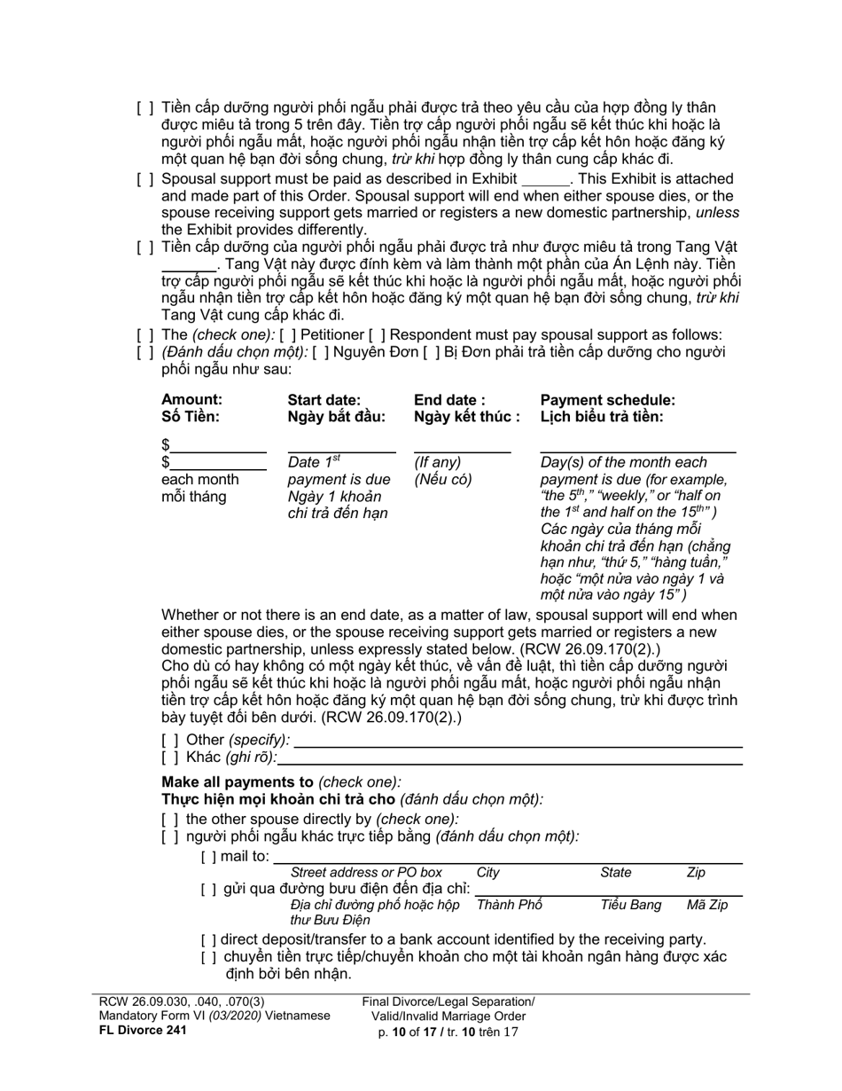 Form FL Divorce241 Final Divorce Order (Dissolution Decree) / Legal Separation Order (Decree) / Invalid Marriage Order (Annulment Decree) / Valid Marriage Order (Decree) - Washington (English / Vietnamese), Page 10