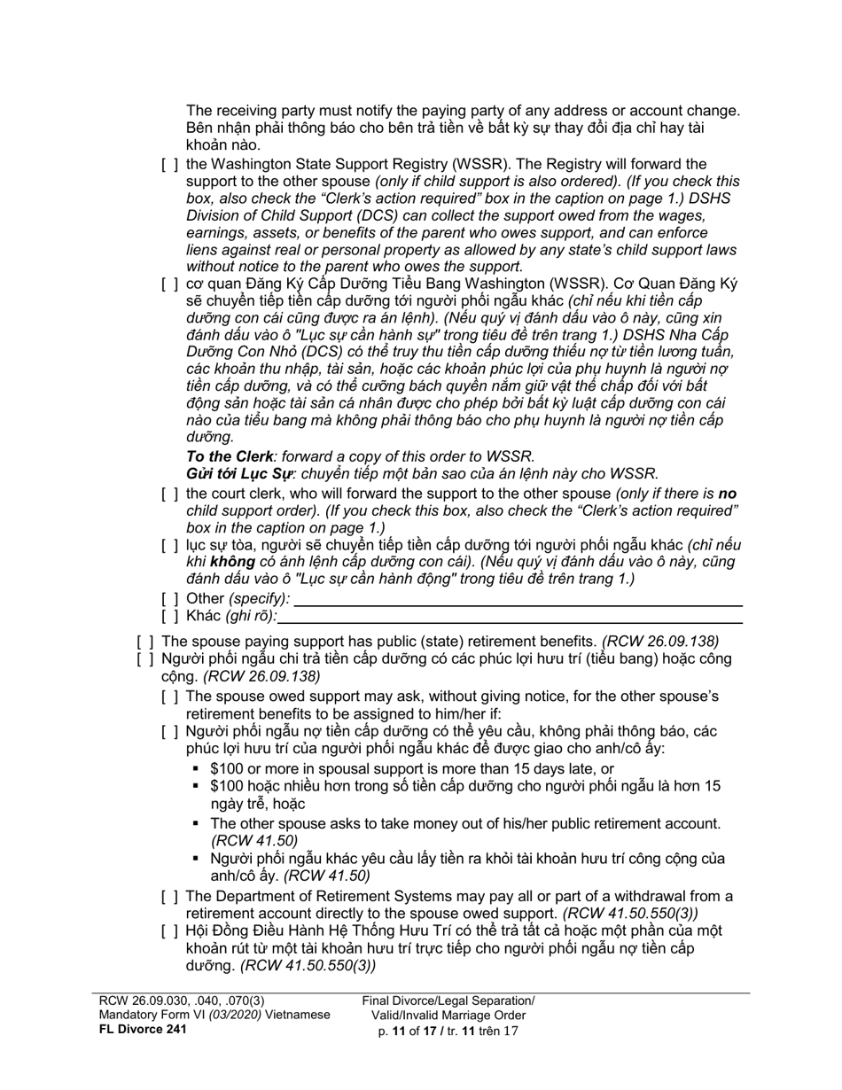 Form FL Divorce241 Final Divorce Order (Dissolution Decree) / Legal Separation Order (Decree) / Invalid Marriage Order (Annulment Decree) / Valid Marriage Order (Decree) - Washington (English / Vietnamese), Page 11