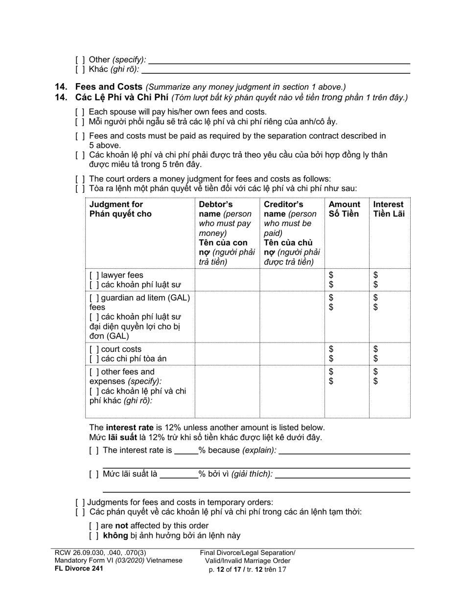 Form FL Divorce241 Final Divorce Order (Dissolution Decree) / Legal Separation Order (Decree) / Invalid Marriage Order (Annulment Decree) / Valid Marriage Order (Decree) - Washington (English / Vietnamese), Page 12