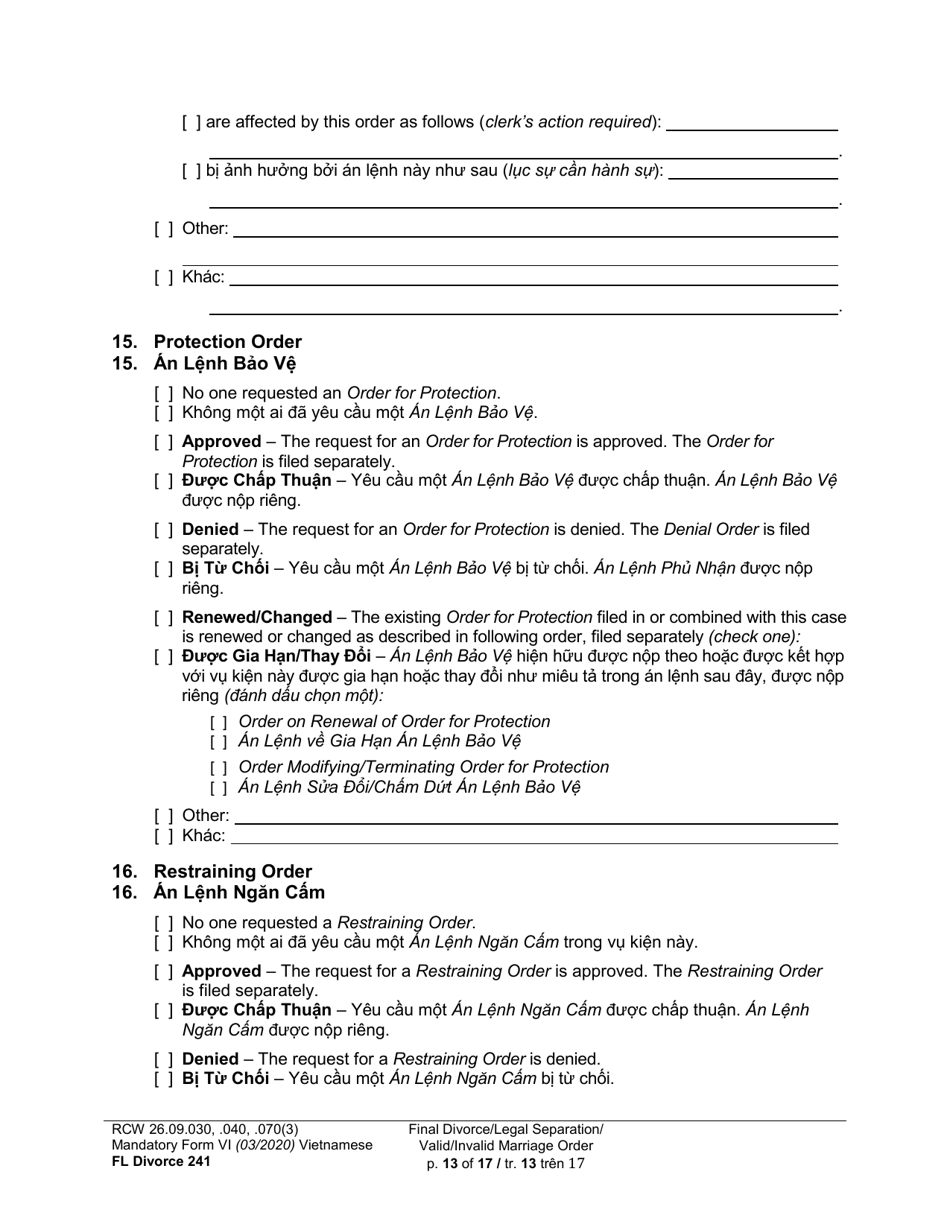 Form FL Divorce241 Final Divorce Order (Dissolution Decree) / Legal Separation Order (Decree) / Invalid Marriage Order (Annulment Decree) / Valid Marriage Order (Decree) - Washington (English / Vietnamese), Page 13