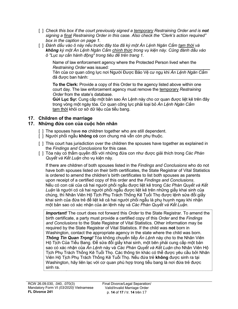 Form FL Divorce241 Final Divorce Order (Dissolution Decree) / Legal Separation Order (Decree) / Invalid Marriage Order (Annulment Decree) / Valid Marriage Order (Decree) - Washington (English / Vietnamese), Page 14