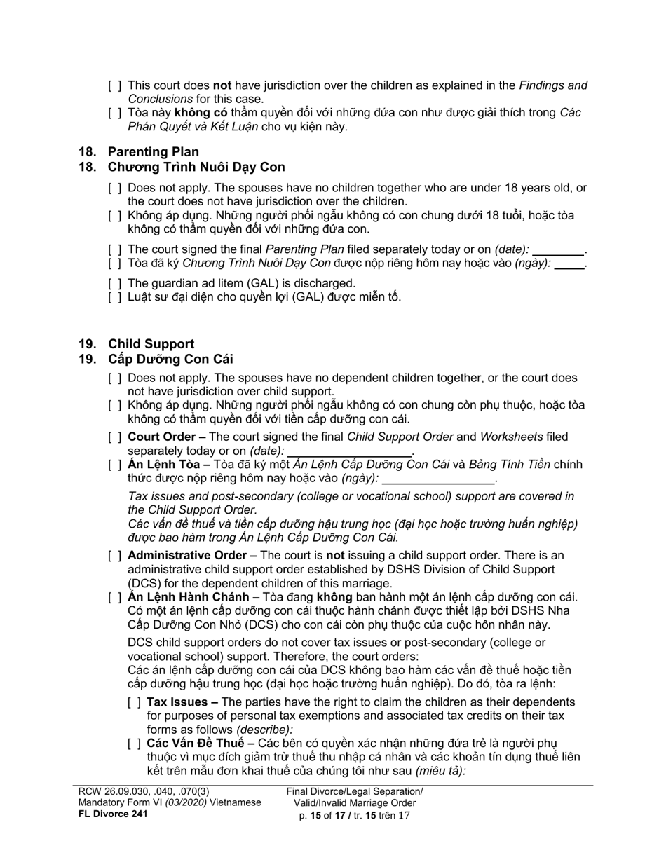 Form FL Divorce241 Final Divorce Order (Dissolution Decree) / Legal Separation Order (Decree) / Invalid Marriage Order (Annulment Decree) / Valid Marriage Order (Decree) - Washington (English / Vietnamese), Page 15