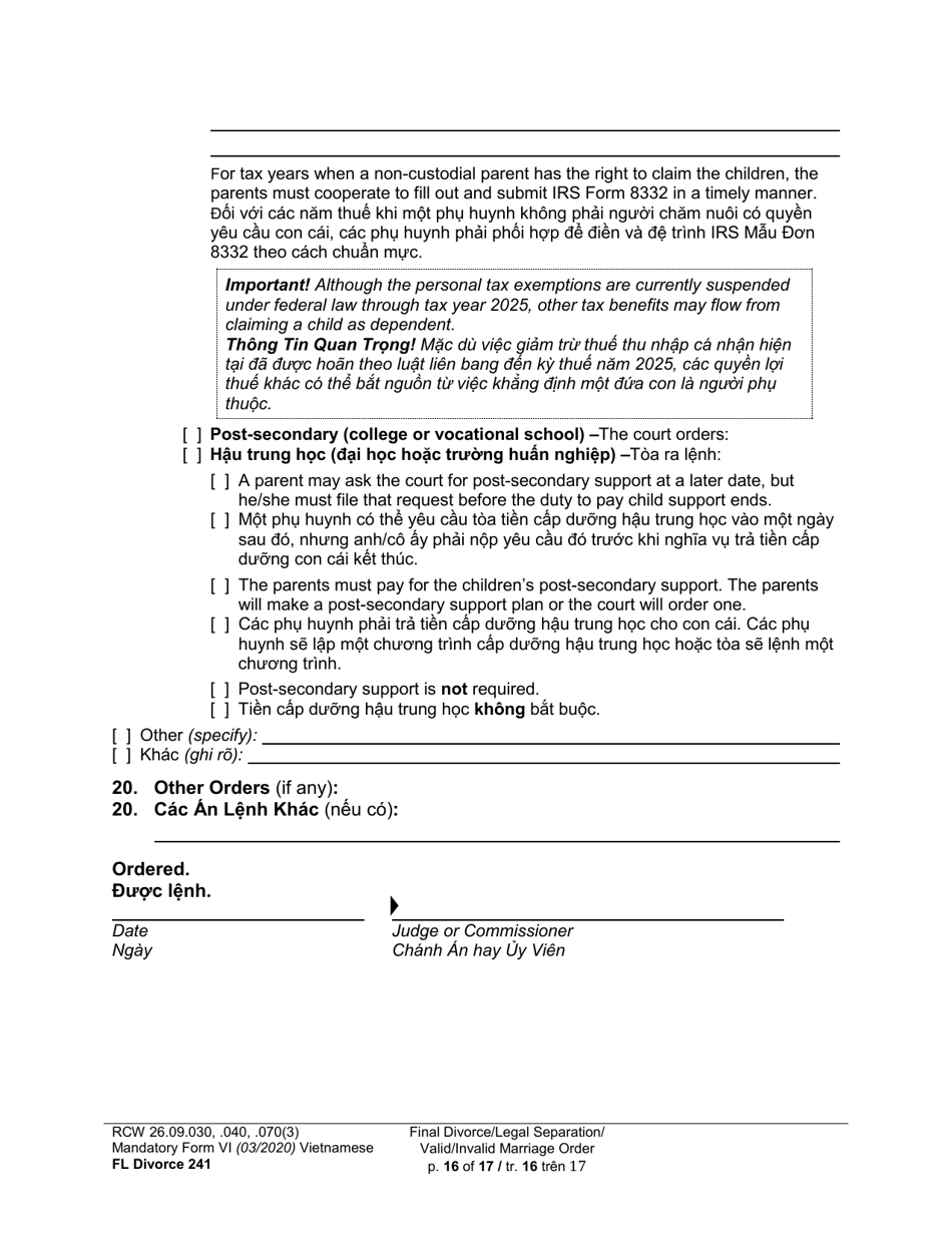 Form FL Divorce241 Final Divorce Order (Dissolution Decree) / Legal Separation Order (Decree) / Invalid Marriage Order (Annulment Decree) / Valid Marriage Order (Decree) - Washington (English / Vietnamese), Page 16