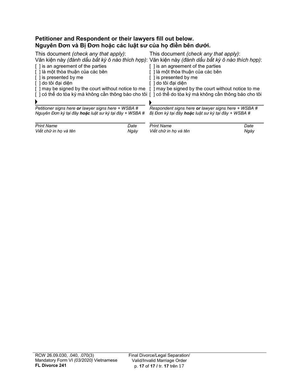 Form FL Divorce241 Final Divorce Order (Dissolution Decree) / Legal Separation Order (Decree) / Invalid Marriage Order (Annulment Decree) / Valid Marriage Order (Decree) - Washington (English / Vietnamese), Page 17