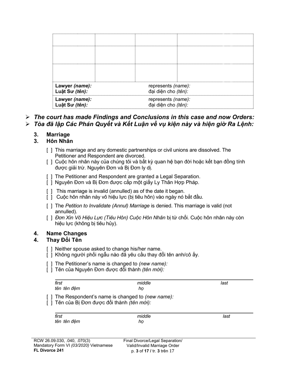Form FL Divorce241 Final Divorce Order (Dissolution Decree) / Legal Separation Order (Decree) / Invalid Marriage Order (Annulment Decree) / Valid Marriage Order (Decree) - Washington (English / Vietnamese), Page 3