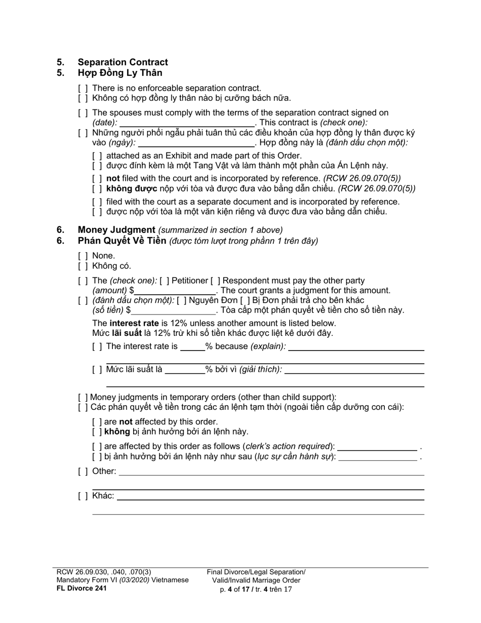 Form FL Divorce241 Final Divorce Order (Dissolution Decree) / Legal Separation Order (Decree) / Invalid Marriage Order (Annulment Decree) / Valid Marriage Order (Decree) - Washington (English / Vietnamese), Page 4