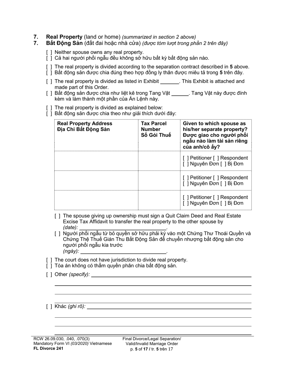 Form FL Divorce241 Final Divorce Order (Dissolution Decree) / Legal Separation Order (Decree) / Invalid Marriage Order (Annulment Decree) / Valid Marriage Order (Decree) - Washington (English / Vietnamese), Page 5