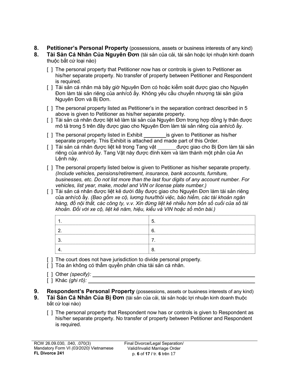 Form FL Divorce241 Final Divorce Order (Dissolution Decree) / Legal Separation Order (Decree) / Invalid Marriage Order (Annulment Decree) / Valid Marriage Order (Decree) - Washington (English / Vietnamese), Page 6
