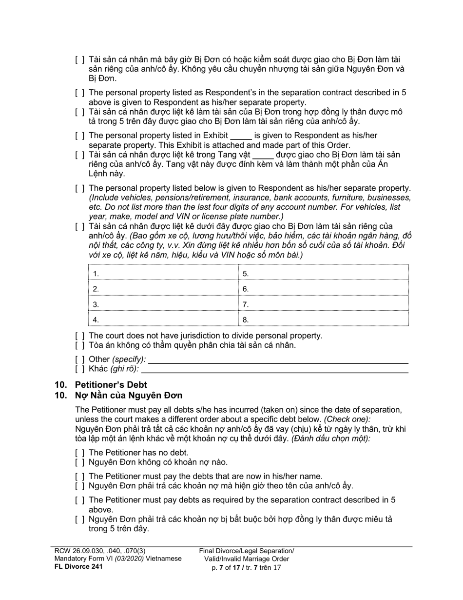 Form FL Divorce241 Final Divorce Order (Dissolution Decree) / Legal Separation Order (Decree) / Invalid Marriage Order (Annulment Decree) / Valid Marriage Order (Decree) - Washington (English / Vietnamese), Page 7