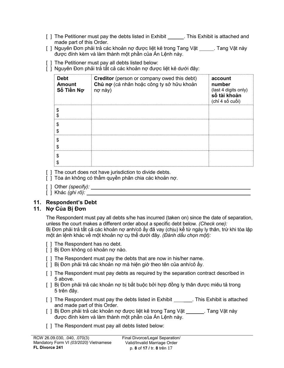 Form FL Divorce241 Final Divorce Order (Dissolution Decree) / Legal Separation Order (Decree) / Invalid Marriage Order (Annulment Decree) / Valid Marriage Order (Decree) - Washington (English / Vietnamese), Page 8