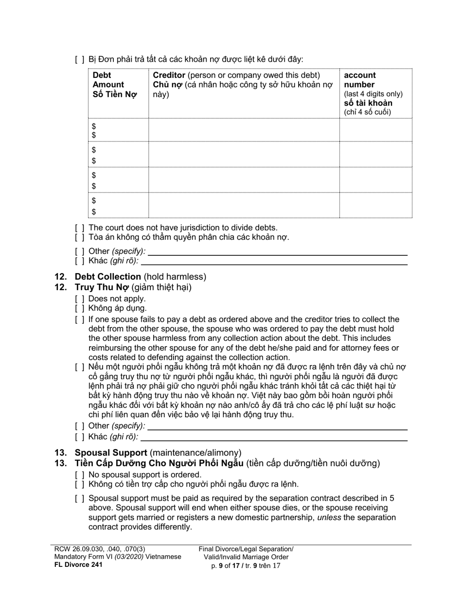 Form FL Divorce241 Final Divorce Order (Dissolution Decree) / Legal Separation Order (Decree) / Invalid Marriage Order (Annulment Decree) / Valid Marriage Order (Decree) - Washington (English / Vietnamese), Page 9