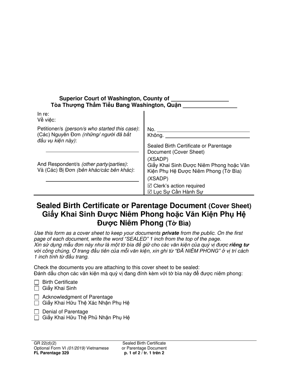 Form FL Parentage329 Sealed Birth Certificate or Parentage Document (Cover Sheet) - Washington (English / Vietnamese), Page 1