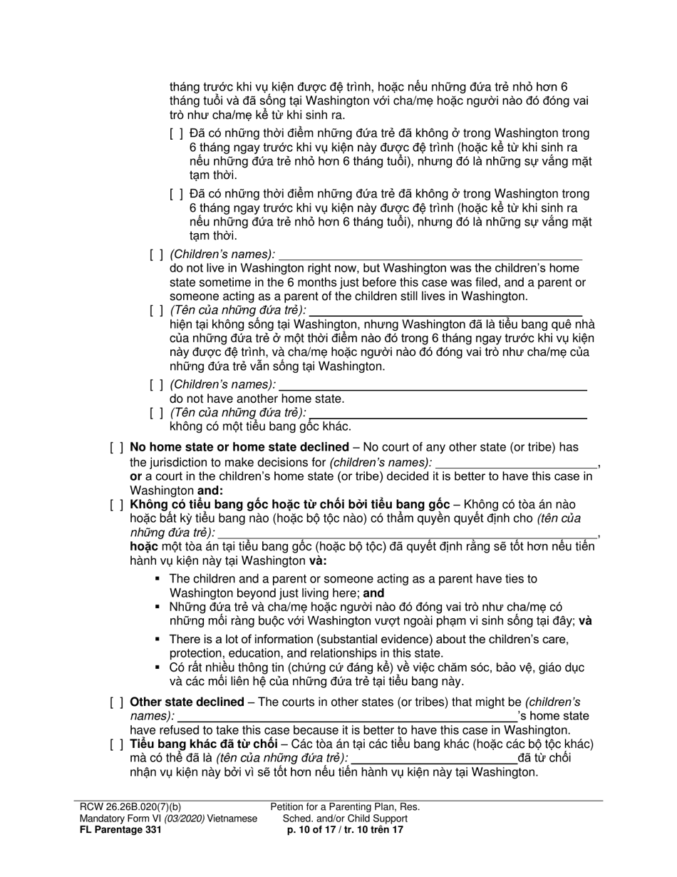 Form FL Parentage331 Petition for a Parenting Plan, Residential Schedule and / or Child Support - Washington (English / Vietnamese), Page 10